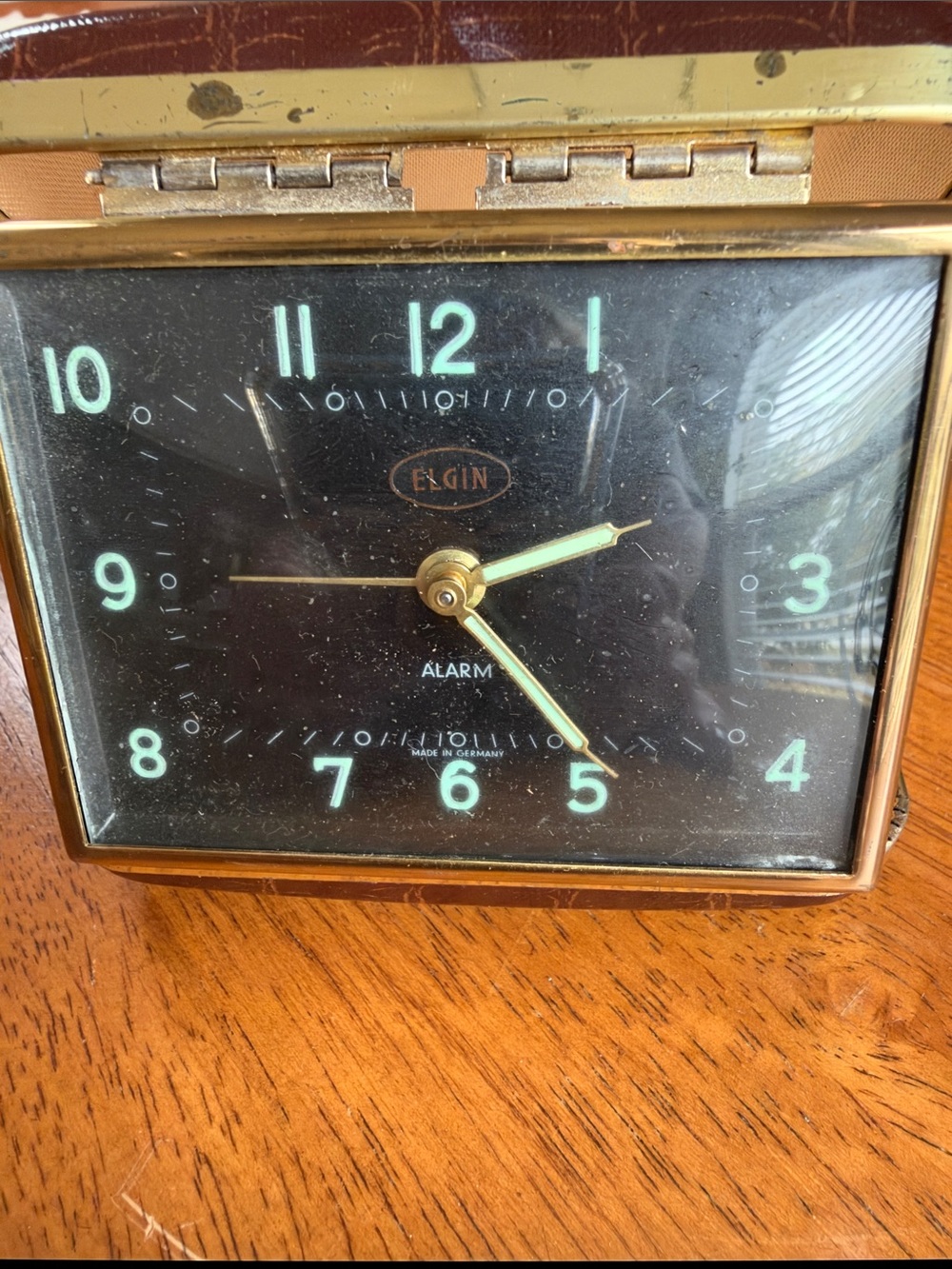 Gold Vintage Elgin Travel Alarm Clock with Black Dial